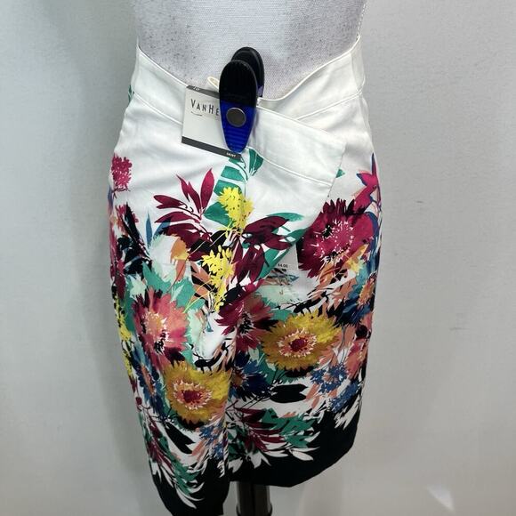 Van Heusen Skirt sz 10 White Pink Green Blue Floral Garden Straight Knee Wedding - Picture 5 of 6